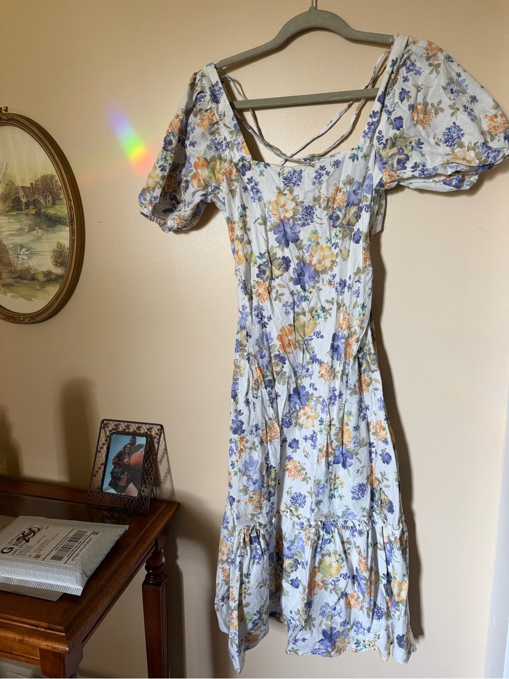 Floral Puff-Sleeve Midi Dress - White with Blue & Yellow Floral